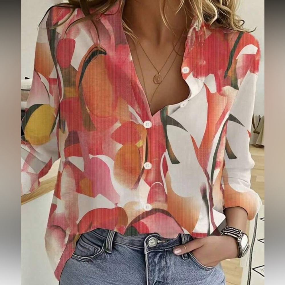 New Floral Print Button-Up Blouse